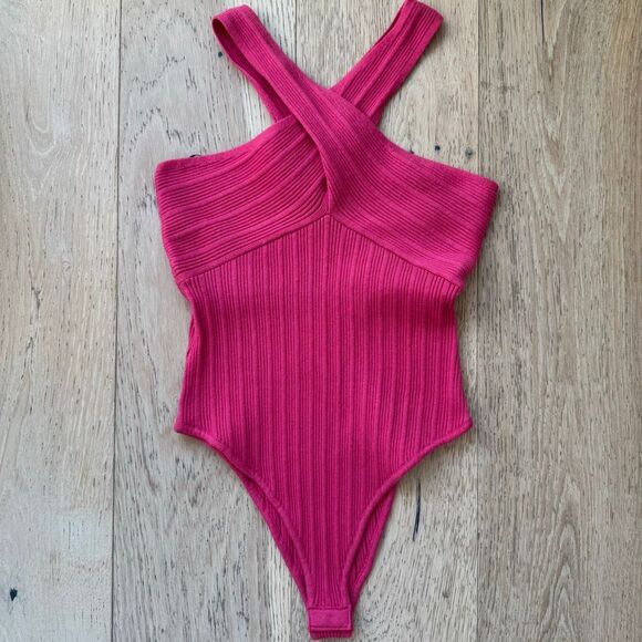 Forever 21 Hot Pink Fucsia Going Out Cross Chest Ribbed Bodysuit Size Large - Picture 1 of 5